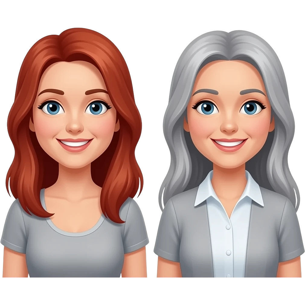 red head woman smiling and grey long haired lady smiling emoji