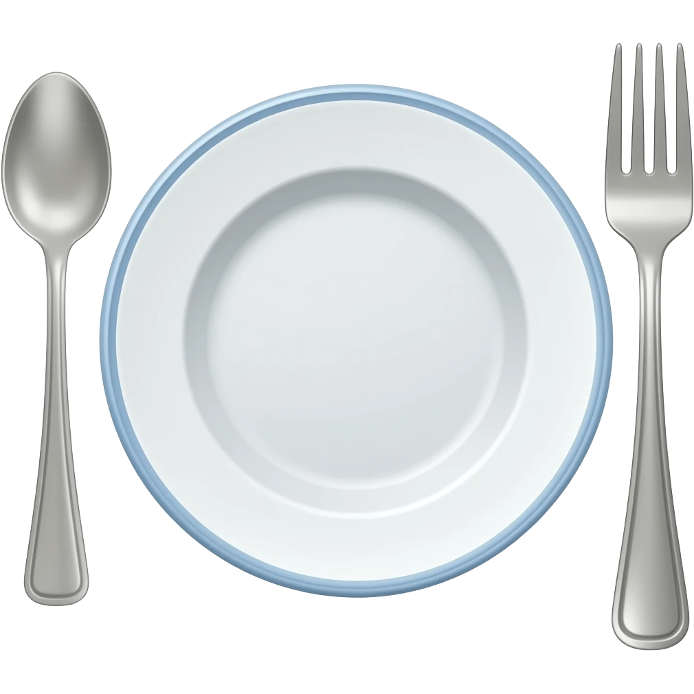 Cute 3D emoji icon of an empty plate with a spoon and fork, soft rounded glossy texture, simple minimal design, clean white background, centered composition. No face, no person, no character, no extra objects. emoji