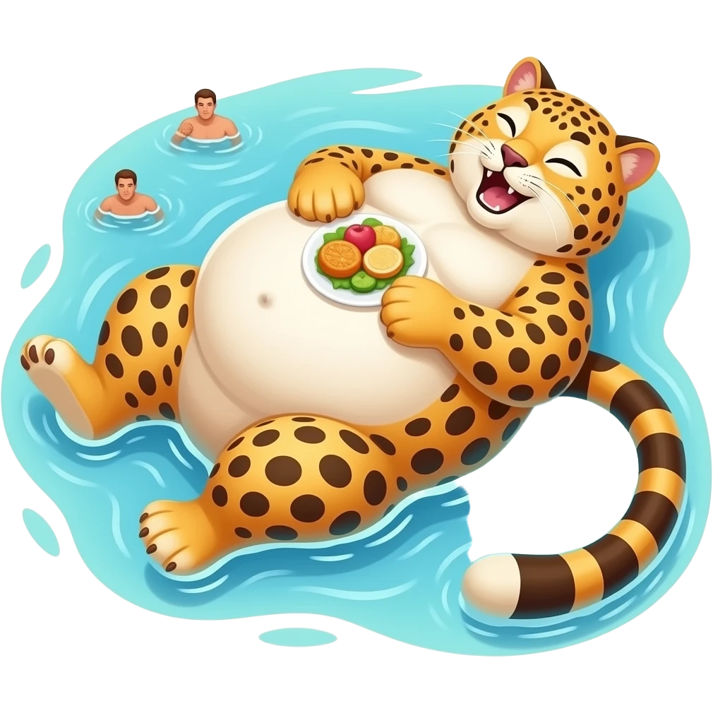 A cheetah enjoys beach holiday in her swimmers,but she is so full from a lunch break that she is about to burst,Then her fat Tummy rolls & drops out,she will just lay on her back in the shallow cool water,her gluttonous belly promotes a good resort business. emoji