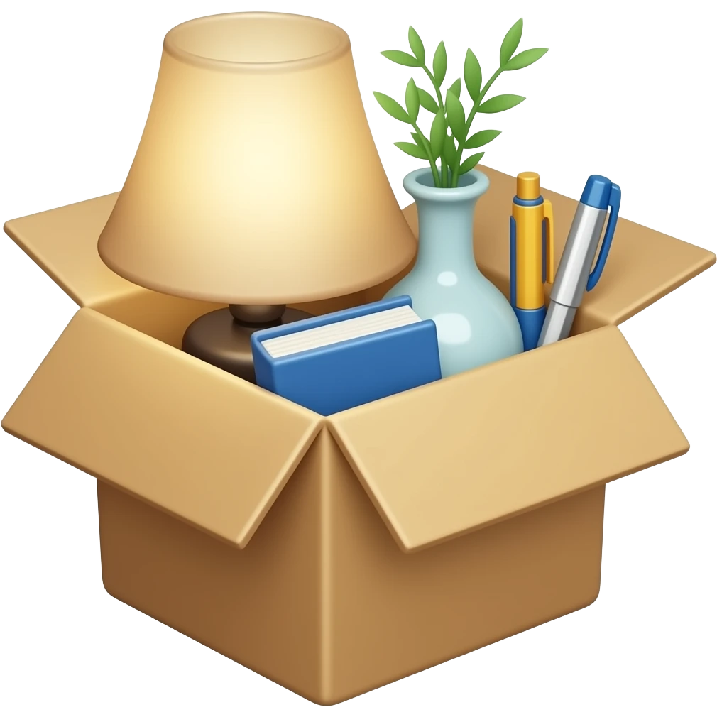 surplus box with Lamp, book,vase and pens in it emoji