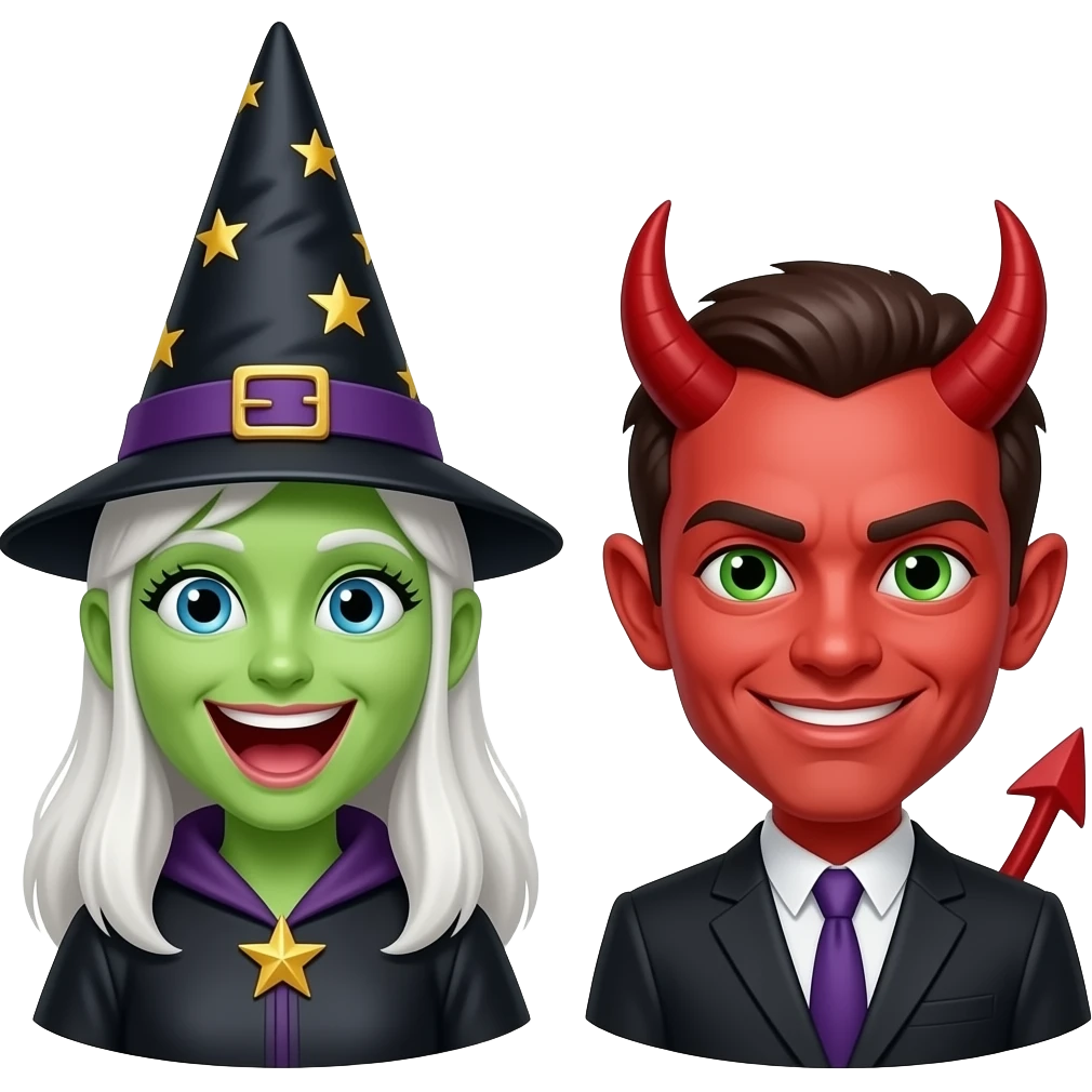 Cackling witch with mischievous devil emoji
