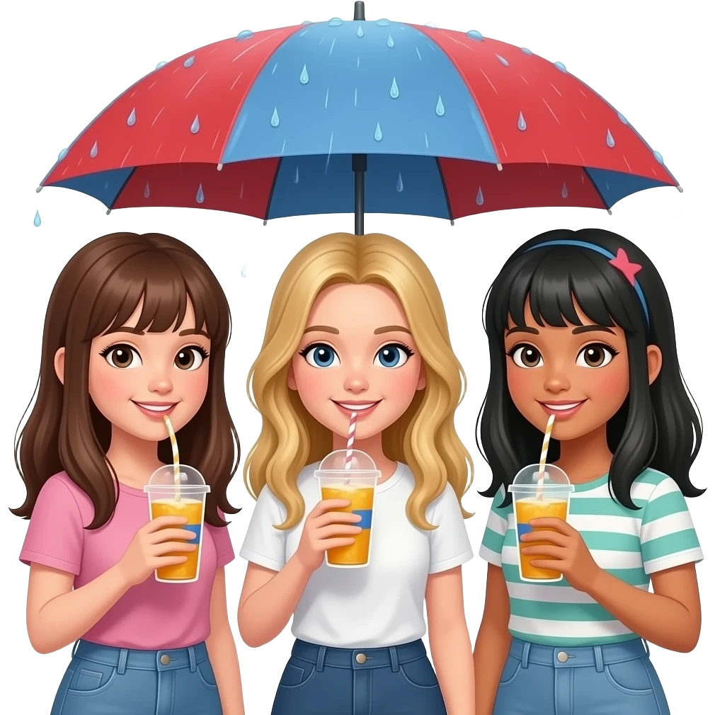 Three beautiful girls one brunette, one dirty blonde and one black hair with blonde bangs, getting a drink on memorial day weekend and it is raining emoji