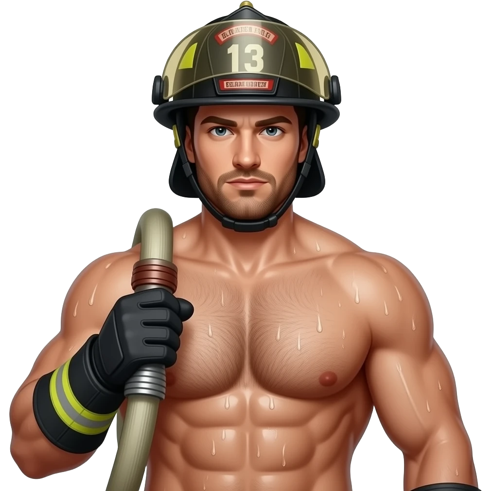 Erstelle ein Portrait von einem muskulösen Oberkörper freien nassen Feuerwehrmann mit Helm, er hat eine behaarte Brust und Bart, seine Brust soll gut mit auf dem Bild zusehen sein und nass glänzen.  Er hat ein Feuerwehr Schlauch in der Hand emoji