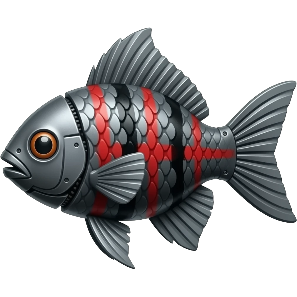 2 mechanical fish facing opposite directions made of dark grey metal with black and red markings. emoji