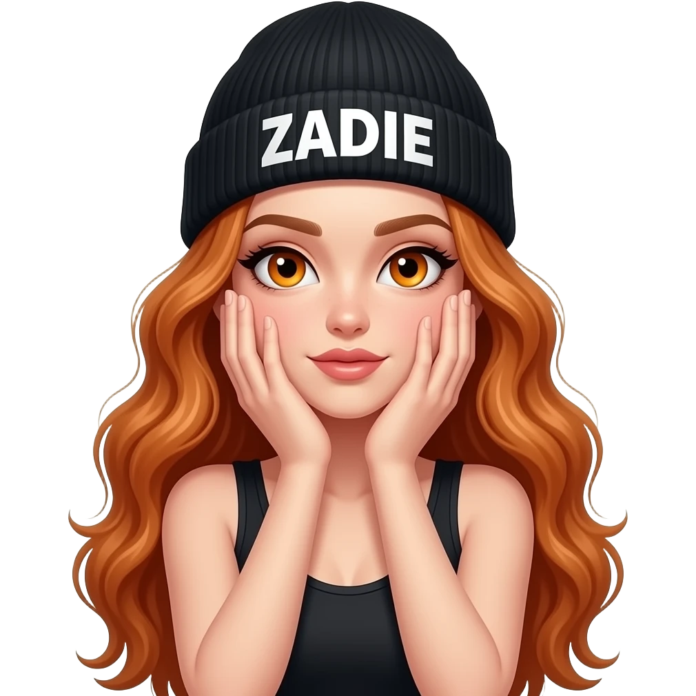 sexy girl with overlong wavy ginger hair and ginger eyes wearing a black tanktop and a black beanie with ZADIE written on it, is covering her face with both hands emoji