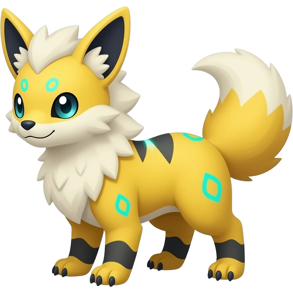 Yellow Renamon-Zeraora-Fennekin-Manectric-Vaporeon-Fakémon-hybrid with glowing neon cyan markings emoji