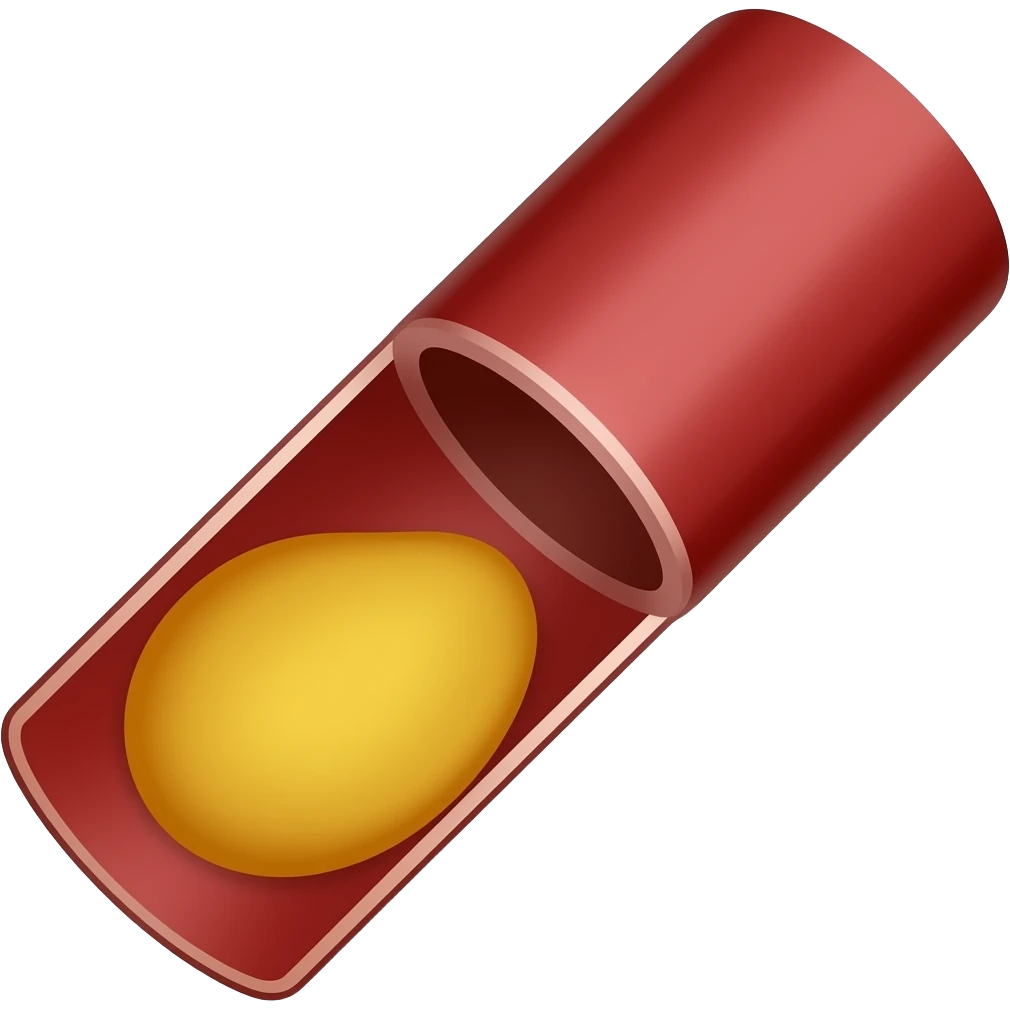 small yellow adipose mass inside redish tube partially blocking blood cells flow. diagonal cut emoji