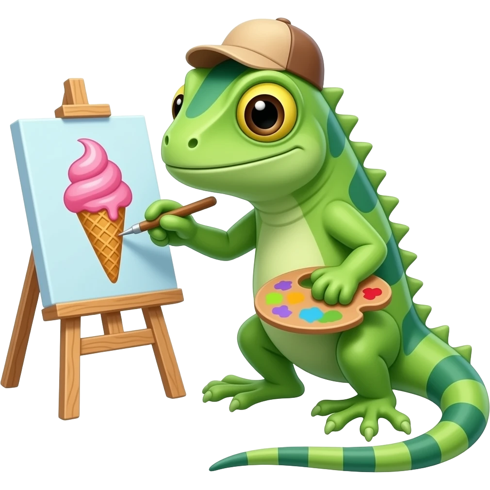 iguana wearing an painter's hat drawing an ice cream on the canvas ...