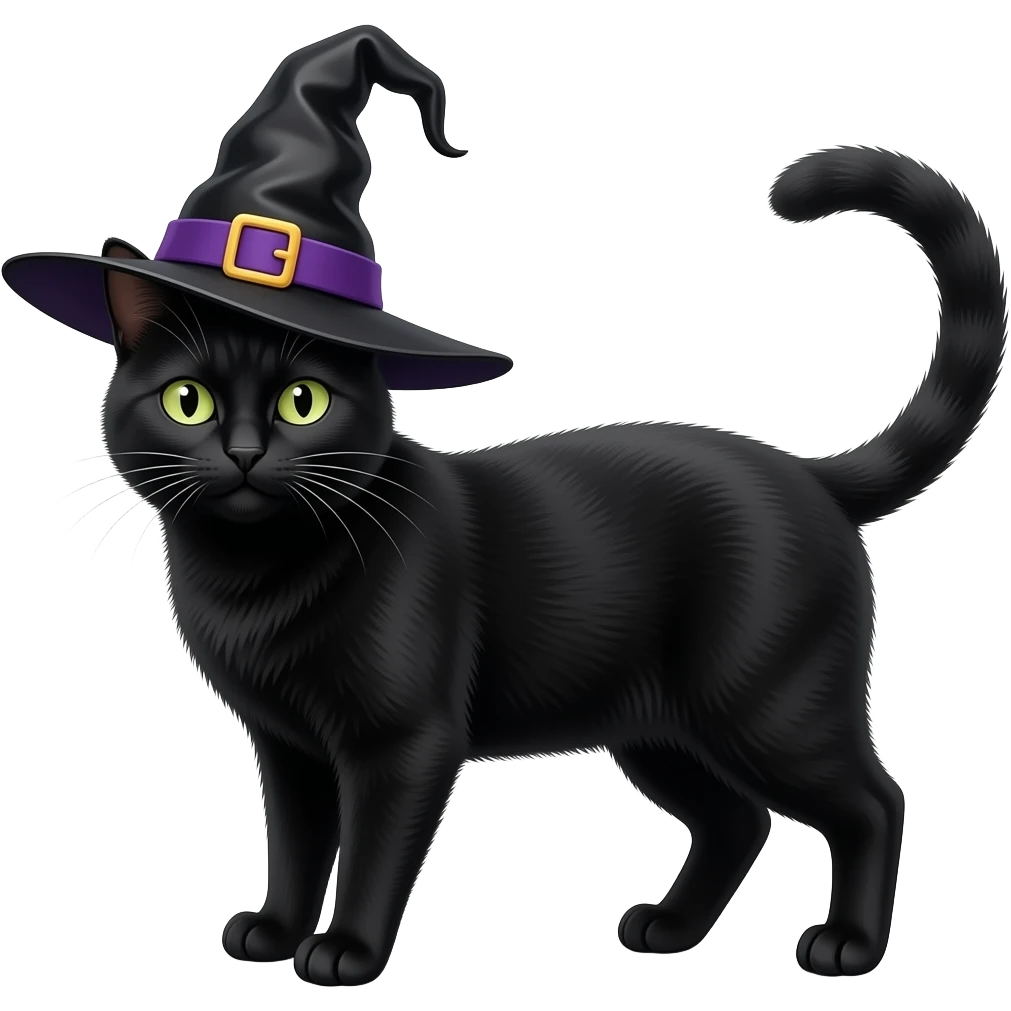 black cat thin face with a witch hat on, but more realistic emoji
