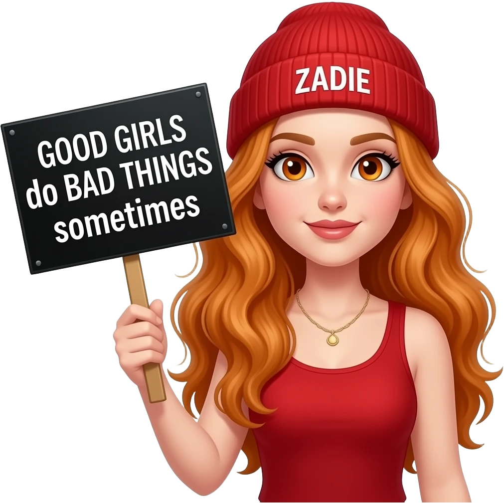sexy girl with overlong wavy ginger hair and ginger eyes wearing a red tanktop and a red beanie with ZADIE written on it, is holding a black sign with GOOD GIRLS do BAD THINGS sometimes written on it emoji