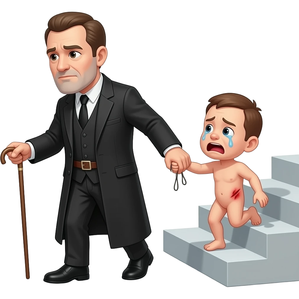 A stern clothed man with a thin whippy cane is leading by the hand and dragging a small, crying, naked man up a flight of stairs, walking up towards the top,top,by the ear, his red buttocks are very bruised. emoji