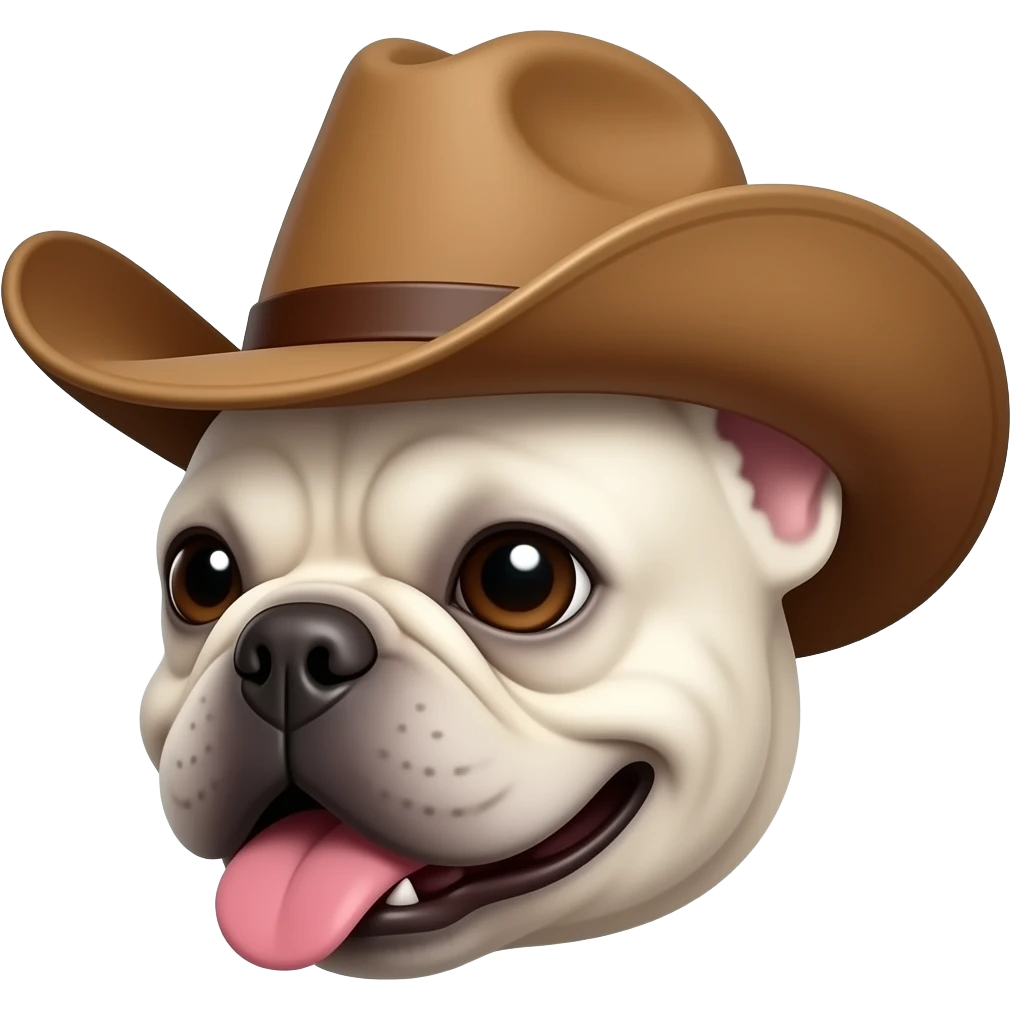 a white french bulldog slightly looking to the side with a cowboy hat on, just his face, with his tongue out emoji