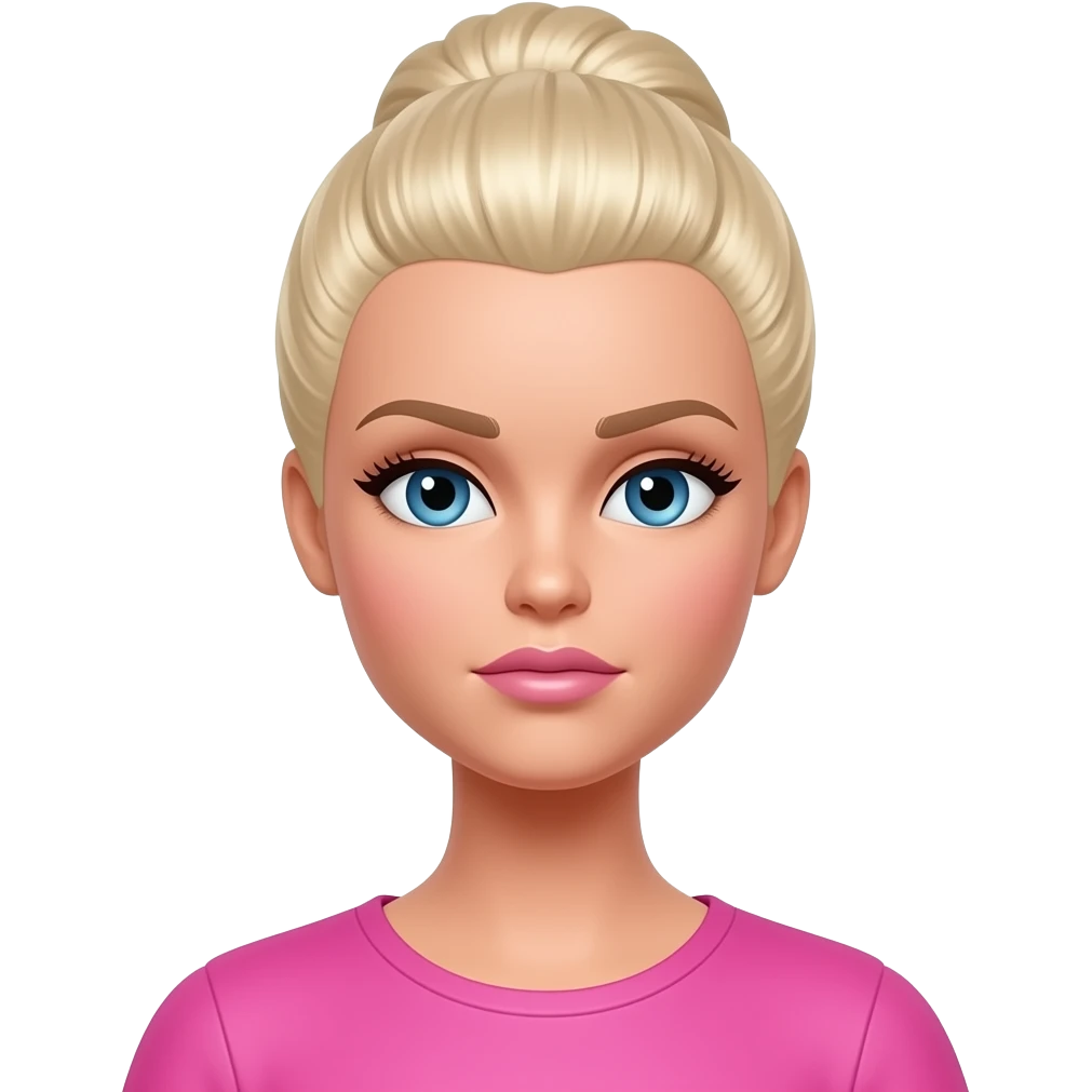 Sad Barbie-style blonde: A high-fashion, doll-like avatar with perfectly styled platinum blonde hair and a signature hot-pink, minimalist top. Her expression is one of "glamorous melancholy"—wide, glossy eyes, perfectly groomed brows, and a subtle, pouty frown. emoji