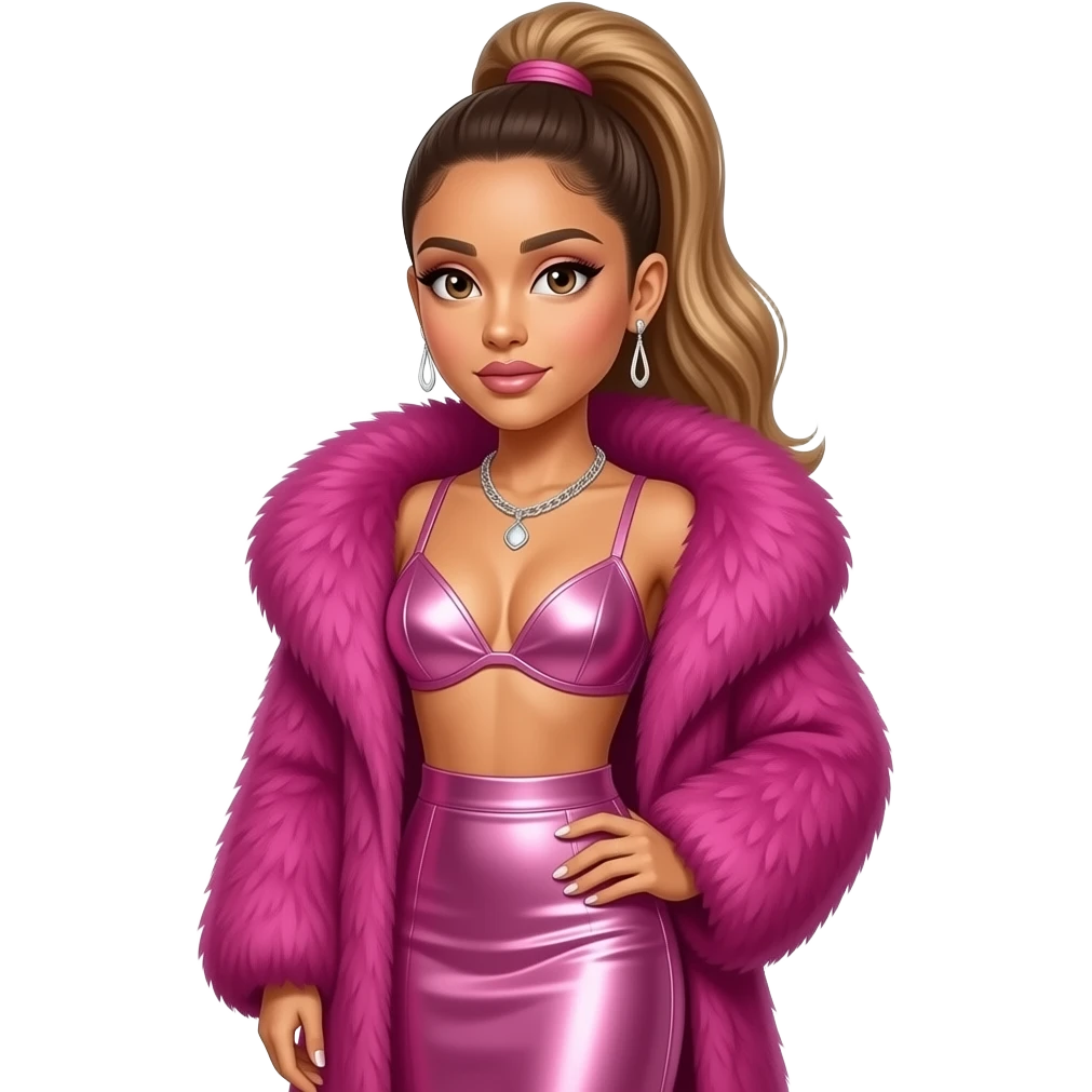 Ariana Grande with brown eyes, golden brown high ponytail hair, fuchsia fur coat, pink metallic bra, pink metallic long skirt, necklace and earrings emoji