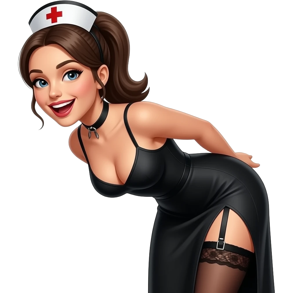 Pony tailed nurse smiling with open mouth, wearing a garter belt, long black dress.Nurse  has DD breasts slit down side of dress bending g over lap emoji