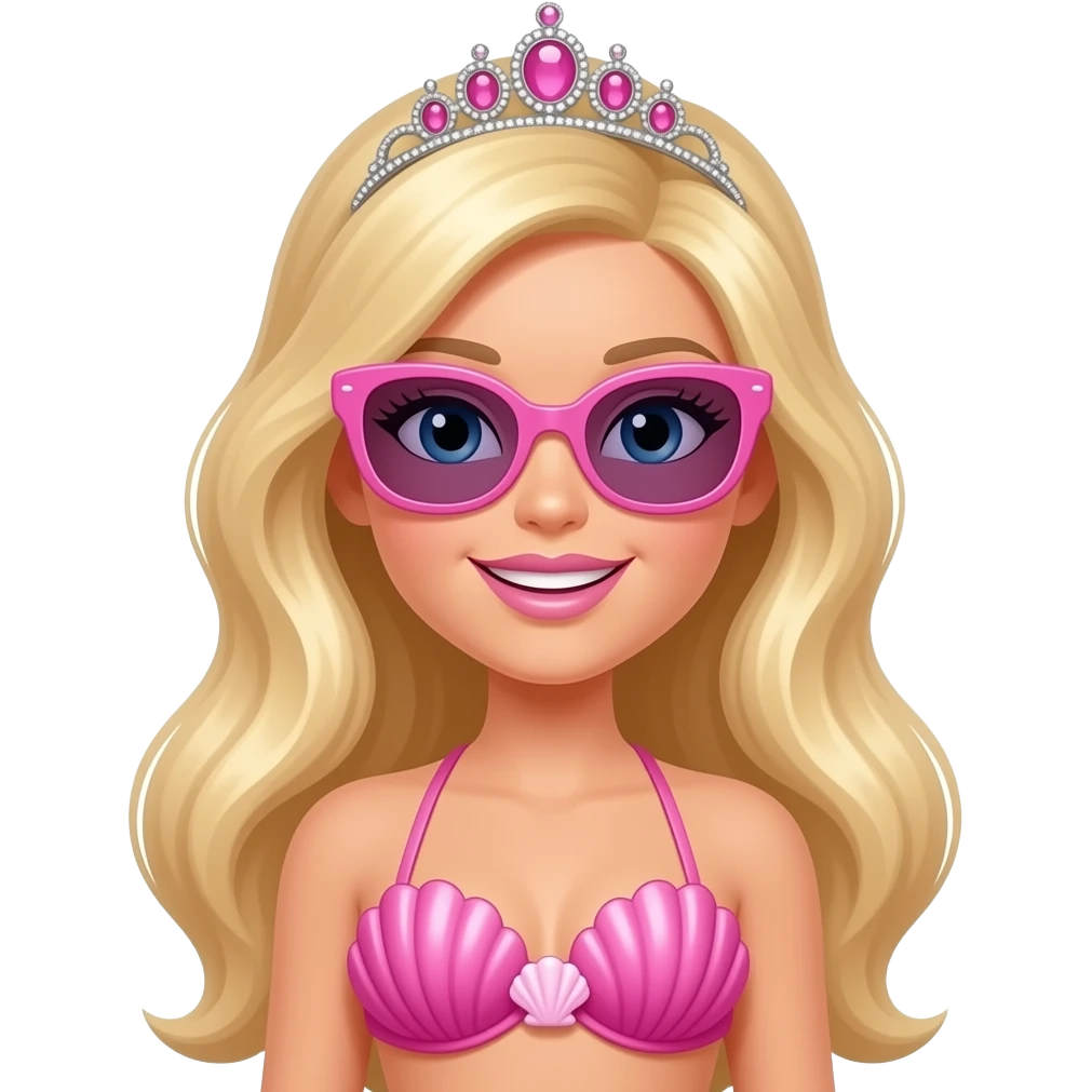 barbie merliah wearing a pink sunglasses a pink mermaid tail a pink Seashell bikini and a pink tiara emoji