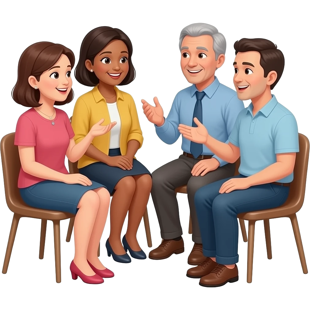 grupo de adultos 2 mujeres y 2 hombres de 40 a 60 años joviales, padres de adolescentes conversando en ronda, sentados. CON DISTINTA VESTIMENTA, CLASE SOCIAL Y RASGOS FISICOS emoji