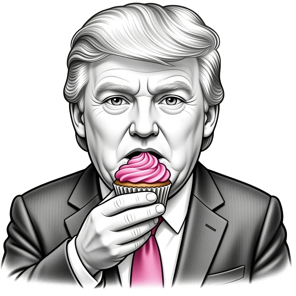 Trump as a black and white cartoon sketch eating pink cup cake emoji