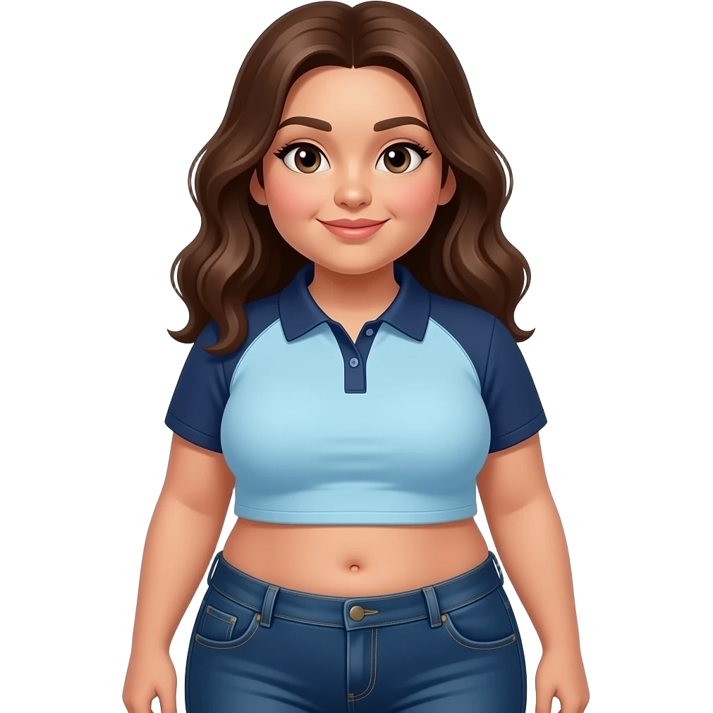 Fat hispanic girl with brown hair, light blue and dark blue polo crop top shirt, and dark blue jeans with a belly button emoji
