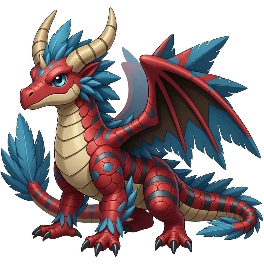 Red and blue and dark brown feathery tribal beautiful gorgeous attractive pretty Raptorik scaley feathery horned Amaura-Wargreymon-Aurorus-ExVeemon-WereGarurumon-Pokémon-Fakémon-hybrid-fusion-creature, full body emoji