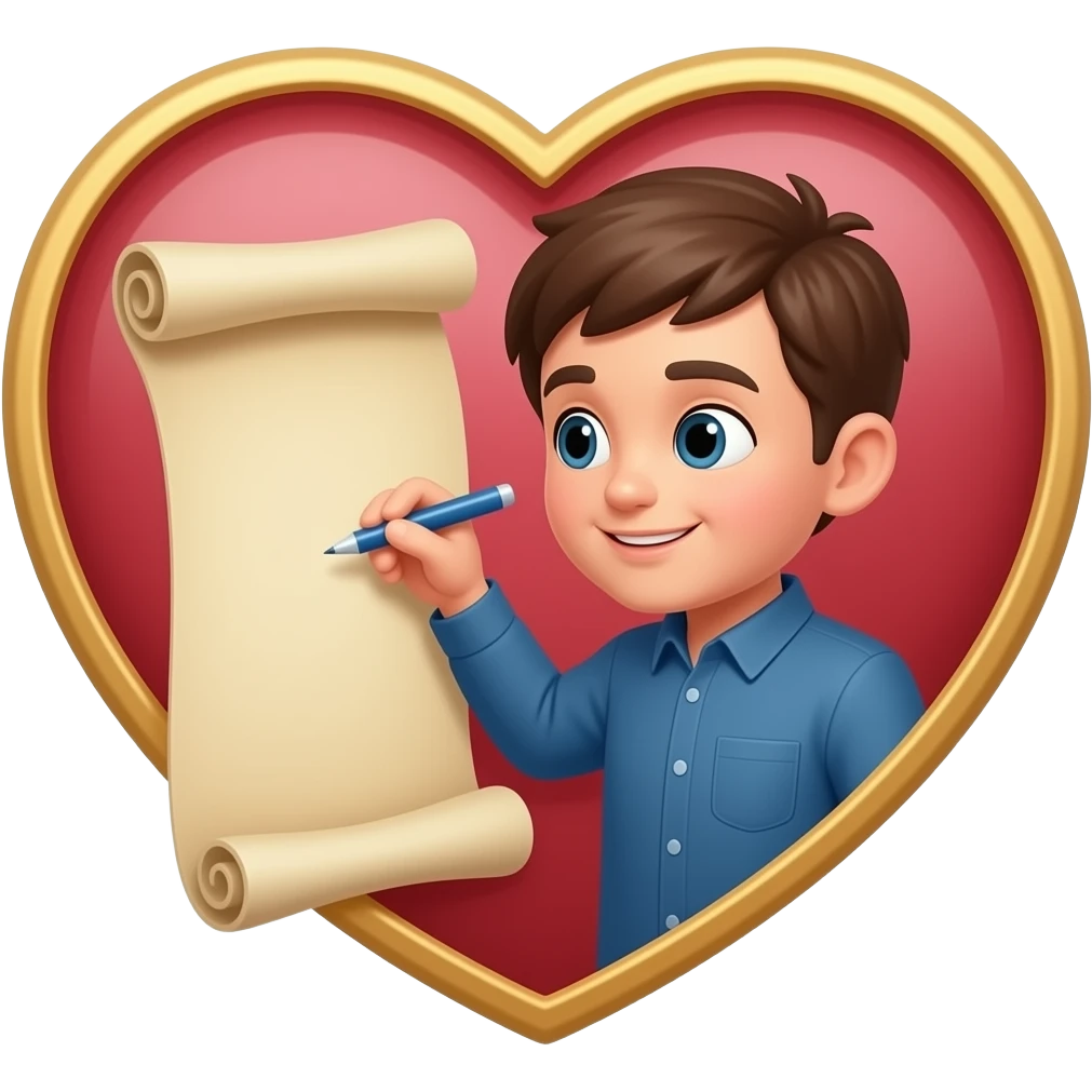 a person writing on a scroll that is on a heart emoji