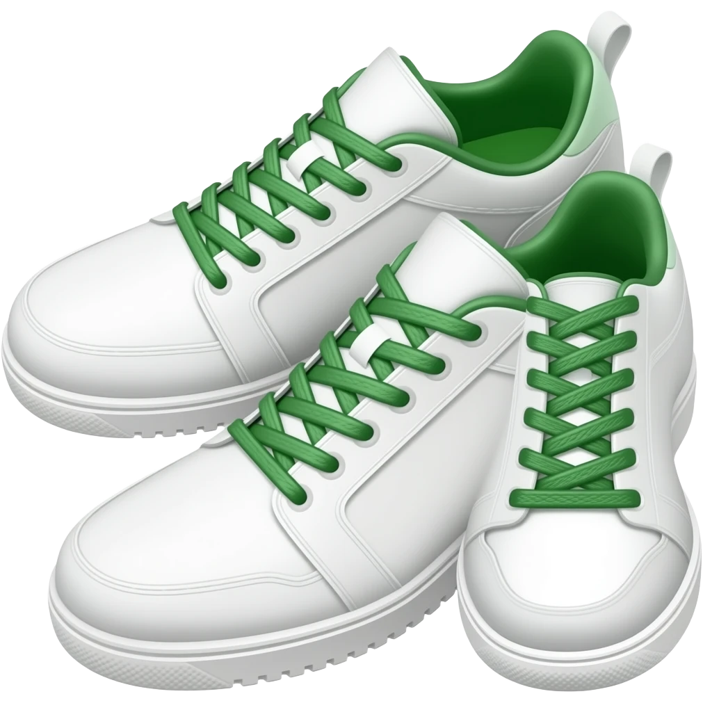 Apple iOS style pair of white pickleball sneakers emoji, glossy 3D sports shoes, white body with green shoelaces and green accents, minimal sporty design, smooth shading, ultra detailed, clean background, premium iOS emoji aesthetic emoji