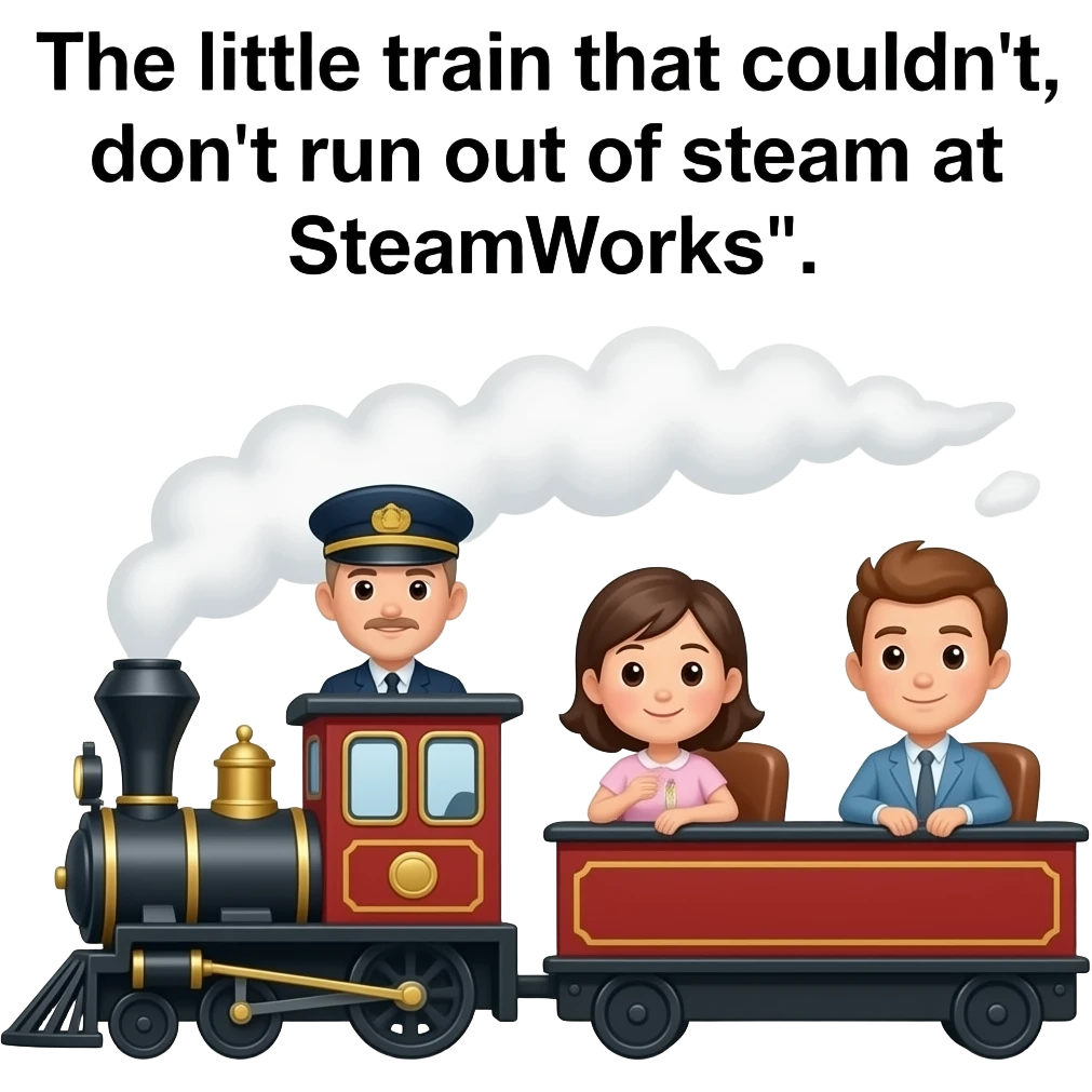Print text: "The little train that couldn't, don't run out of steam at SteamWorks". Image of Gay leatherman train conductor, gay leatherman passengers on the little train that couldn't. emoji