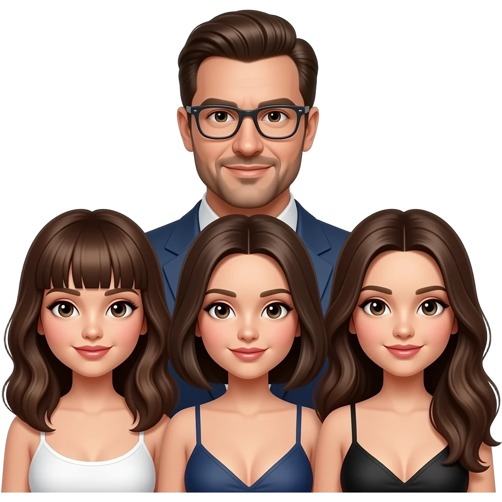 sugar daddy with 3 brunette sugar babies: one with medium hair and bangs, the other with medium hair, and the other with Long hair. emoji