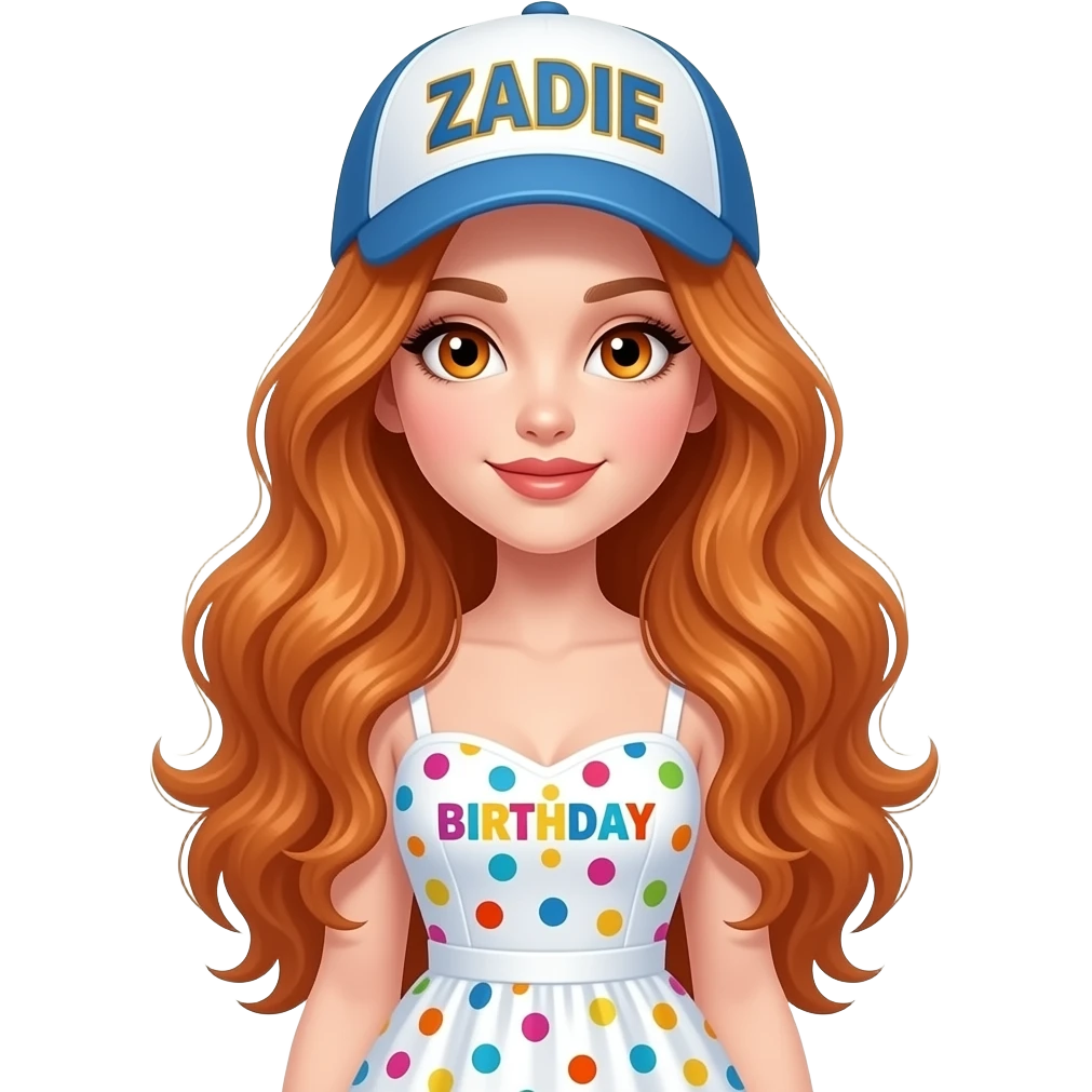 sexy girl with long wavy ginger hair and ginger eyes is wearing a birthday dress and a cap with ZADIE written on it, the full body is to seen emoji