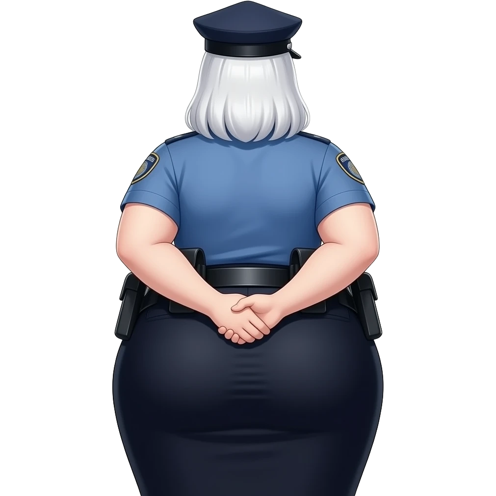 Anime extremely fat big booty a white female creature cosplaying police woman showing back her buttocks with putting her hands behind the wall with her long black dress emoji