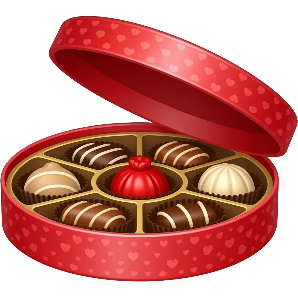 A valentine day circle box of chocolate open with chocolates inside emoji