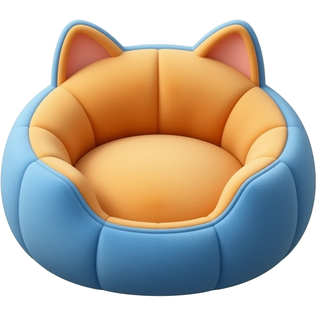 Create a cute polished 3D game icon of a cozy cat bed. Soft round cushion shape with raised edges, blue and orange colors, plush fabric texture, rounded details, gentle shadow. Empty bed only, no cat, no animal, no character, no face, transparent background, no text. emoji