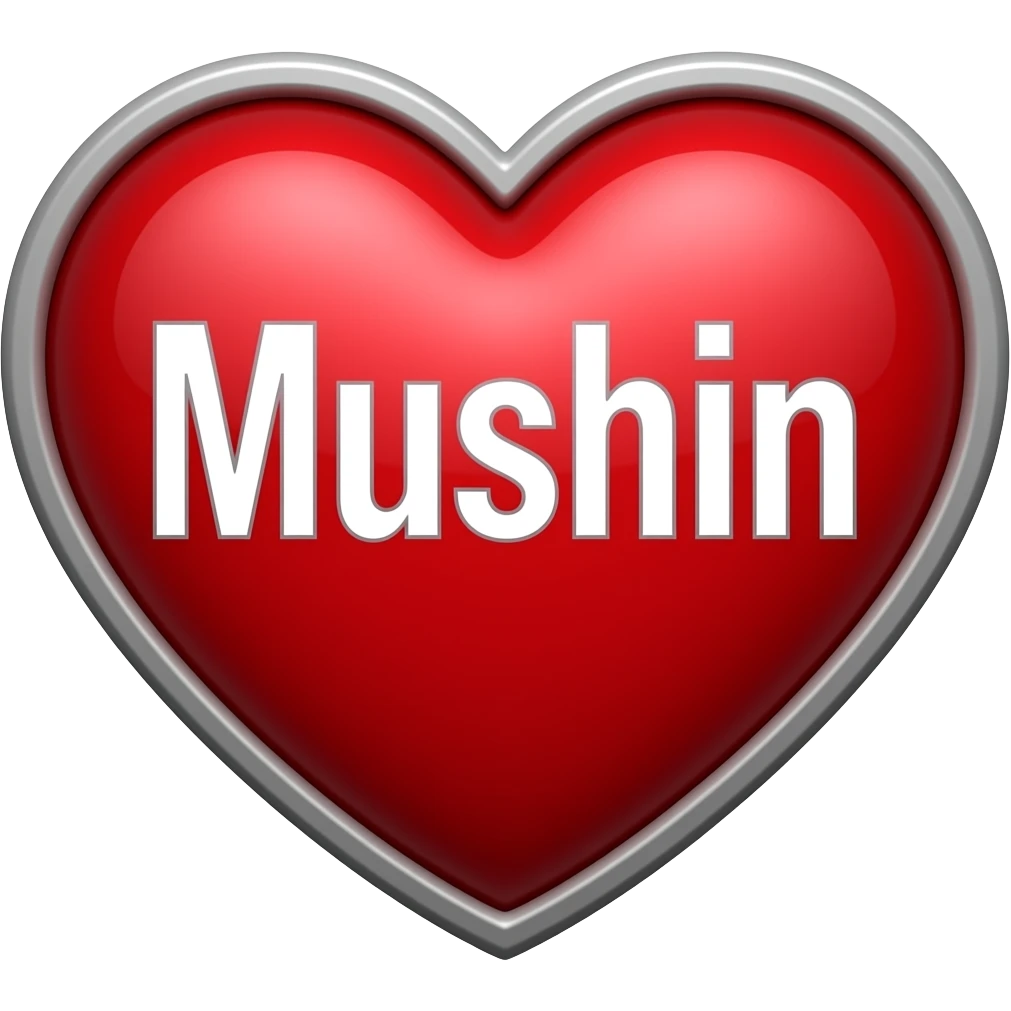 A red heart with the word Mushin reversed out in white and an outline around the heart that is strong, feeling like metal or steel emoji