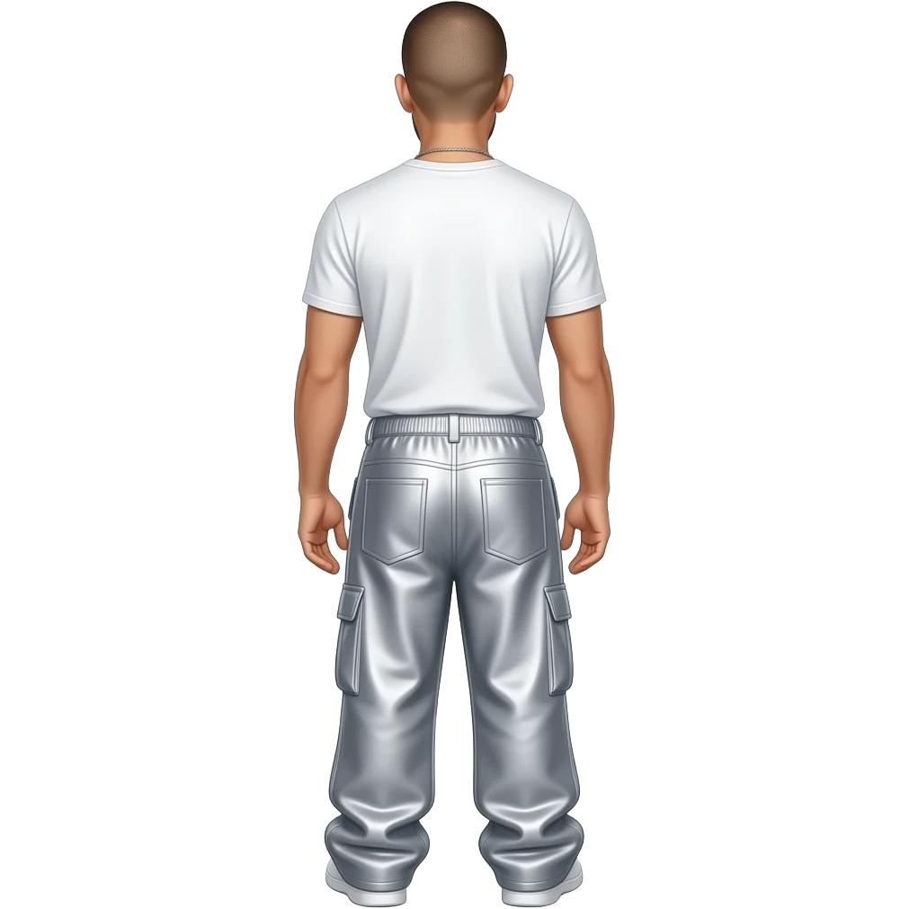 Eminem from behind with buzz cut hair, white metallic t-shirt, light grey metallic faux baggy pants emoji
