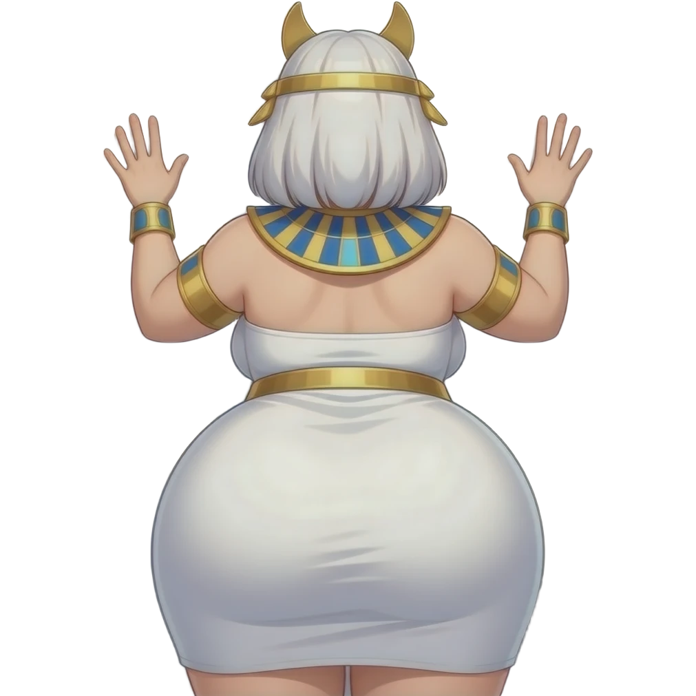 Anime extremely curvy and fat big booty a white female creature cosplaying Egyptian girl showing back her buttocks with putting her hands behind the wall with her white dress emoji