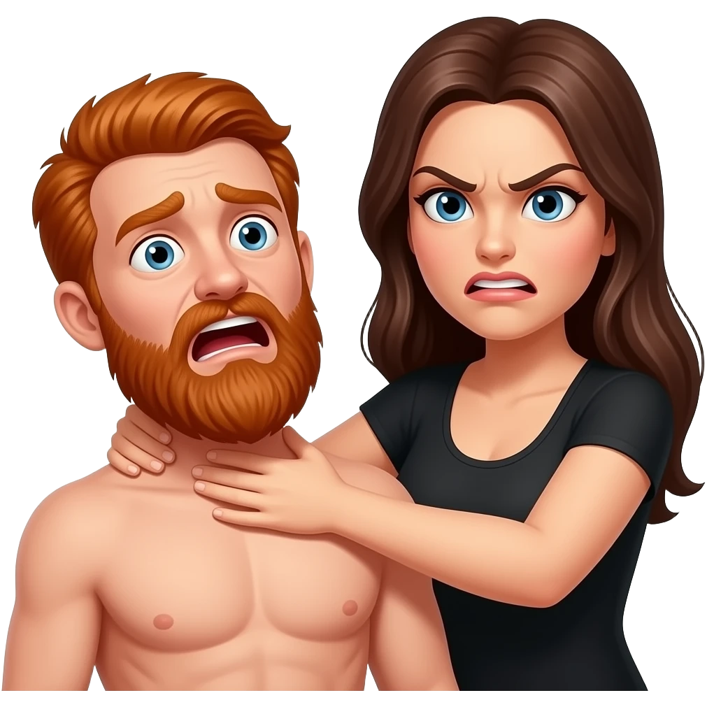 naked scared man with long red beard getting choked by angry female arm emoji