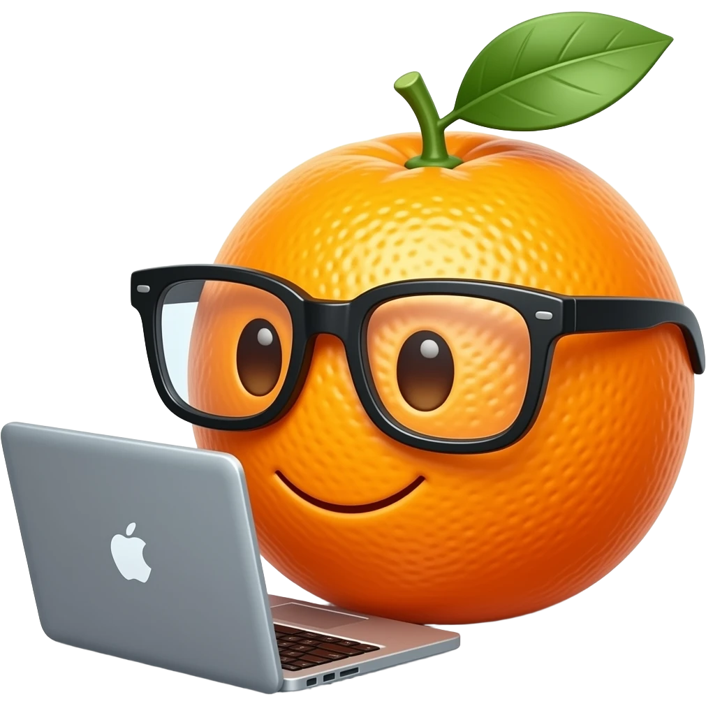 orange fruit wearing glasses and using a laptop, make the orangen without any human face or traces emoji