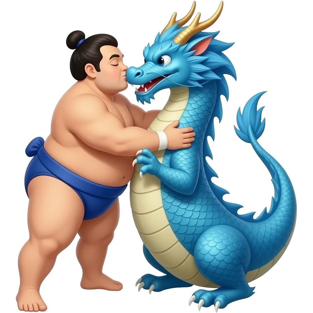 sumo wrestler hugging kissing blue dragon emoji