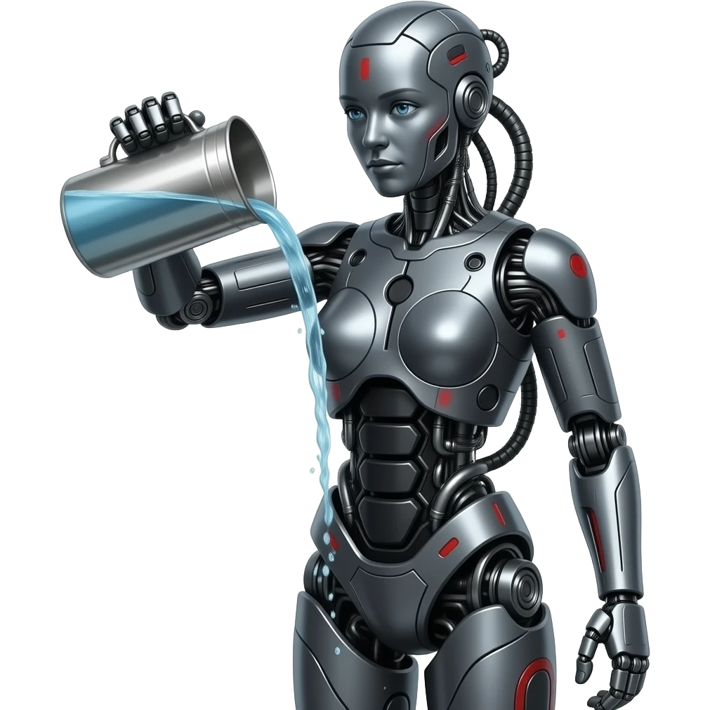 full body, full length body,  Mechanical female robot made of dark gray metal with black and red markings Pouring water from a steel container, full length body, no human features, robot face, robot head emoji