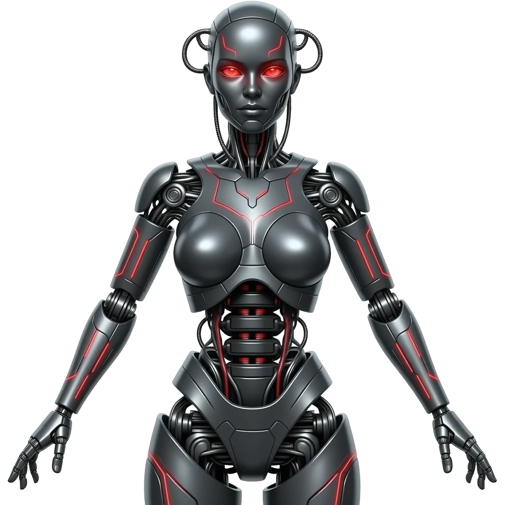 A mechanical woman made of dark gray steel with black and red markings,no human features, only robot features, entire body, sexy pose, robot face, full body pose emoji