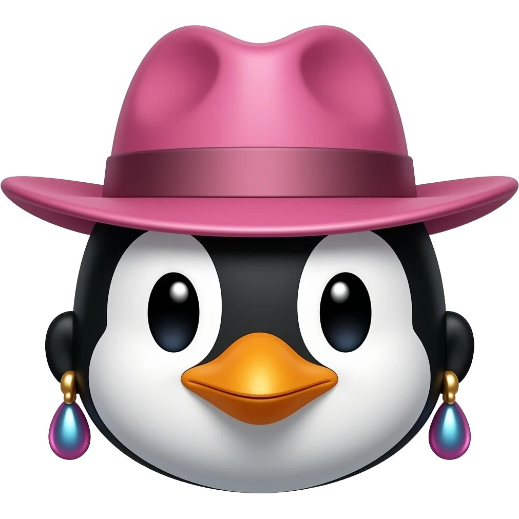 penguin with pink fedora hat and big earrings, just face emoji