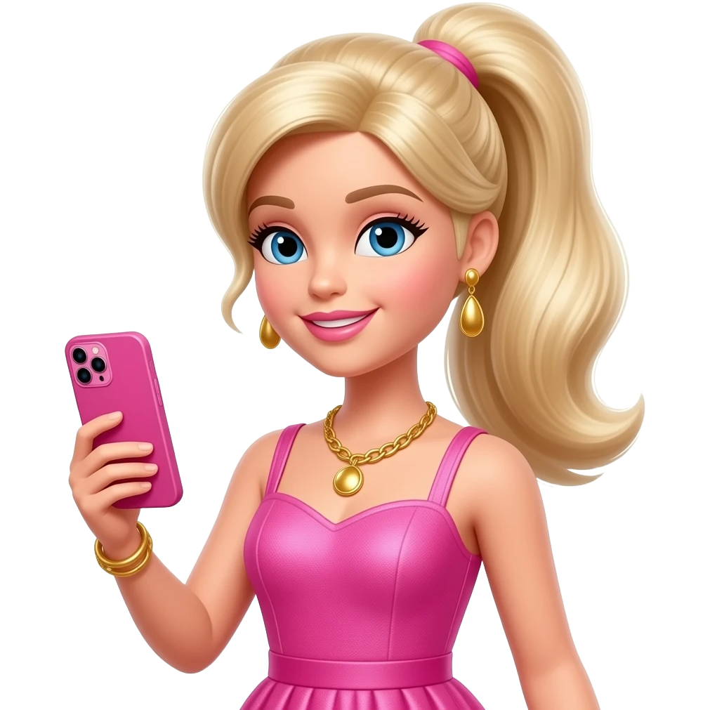 selfie a blonde Barbie with one pigtails, wearing a pink dress, holding a pink smartphone, and wearing gold jewelry emoji