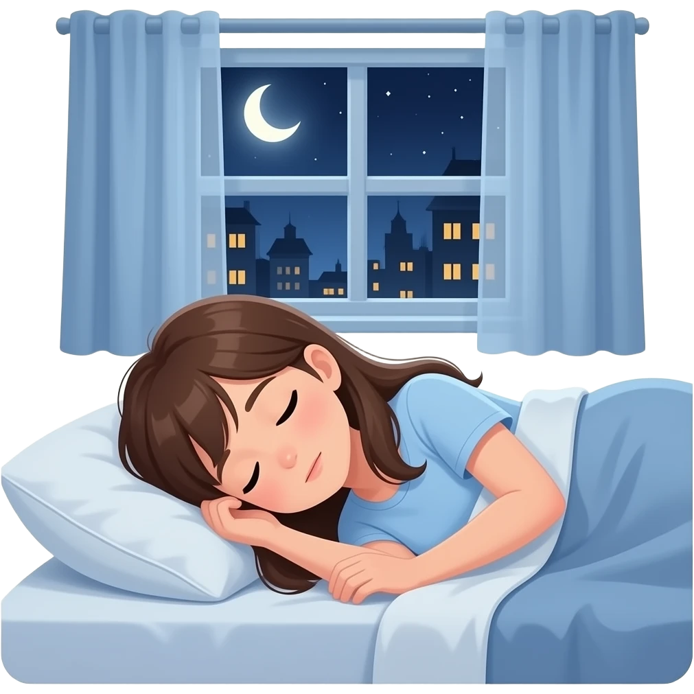 teen girl long hair, laying on bed, sleepy but awake, background visblewindow visible, it is nighttime emoji