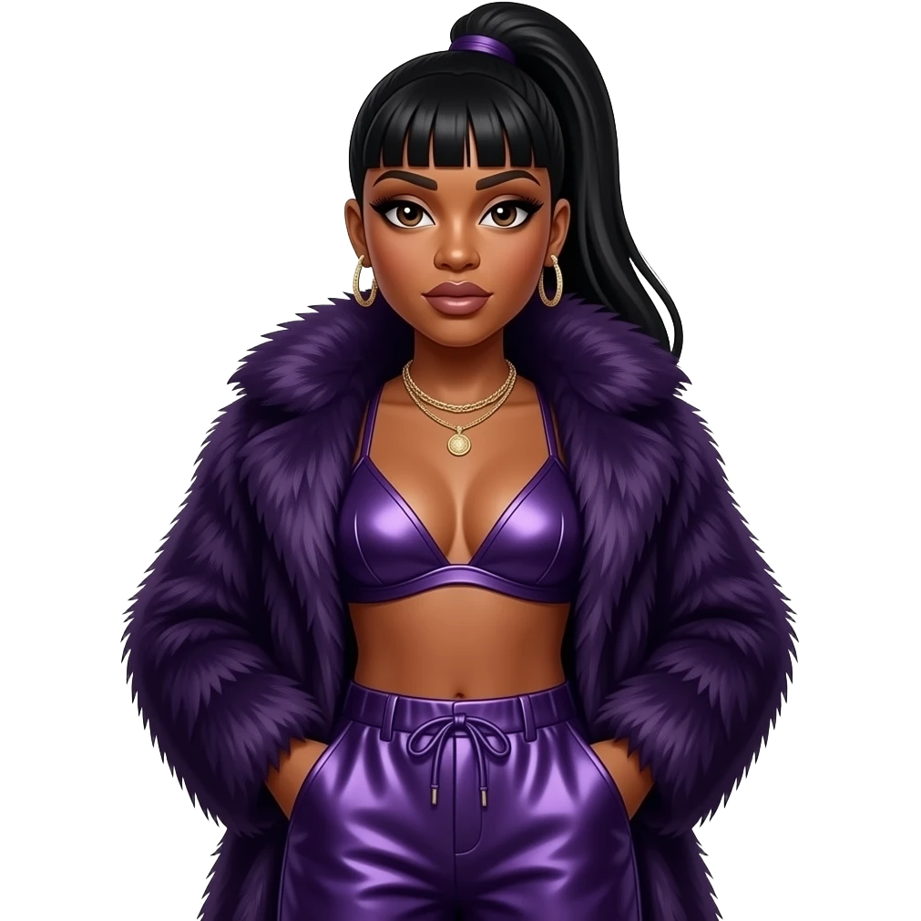 Missy Elliott with dark brown eyes, long black high ponytail bang hair, dark purple fur coat, dark purple metallic bra, dark purple metallic baggy pants, necklace and earrings emoji