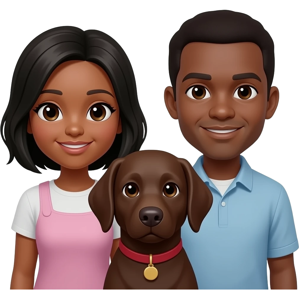 Gostaria de um emoji, no estilo daqueles de família. Porém somos eu, meu marido e nosso cachorro (não temos filhos) sou negra, ele é pardo e a cadela marrom escuro emoji
