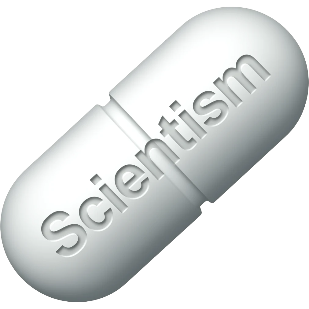 A single white "solid" oblong pill with "Scientism" engraved in it at a 45 degree angle with no divider line emoji