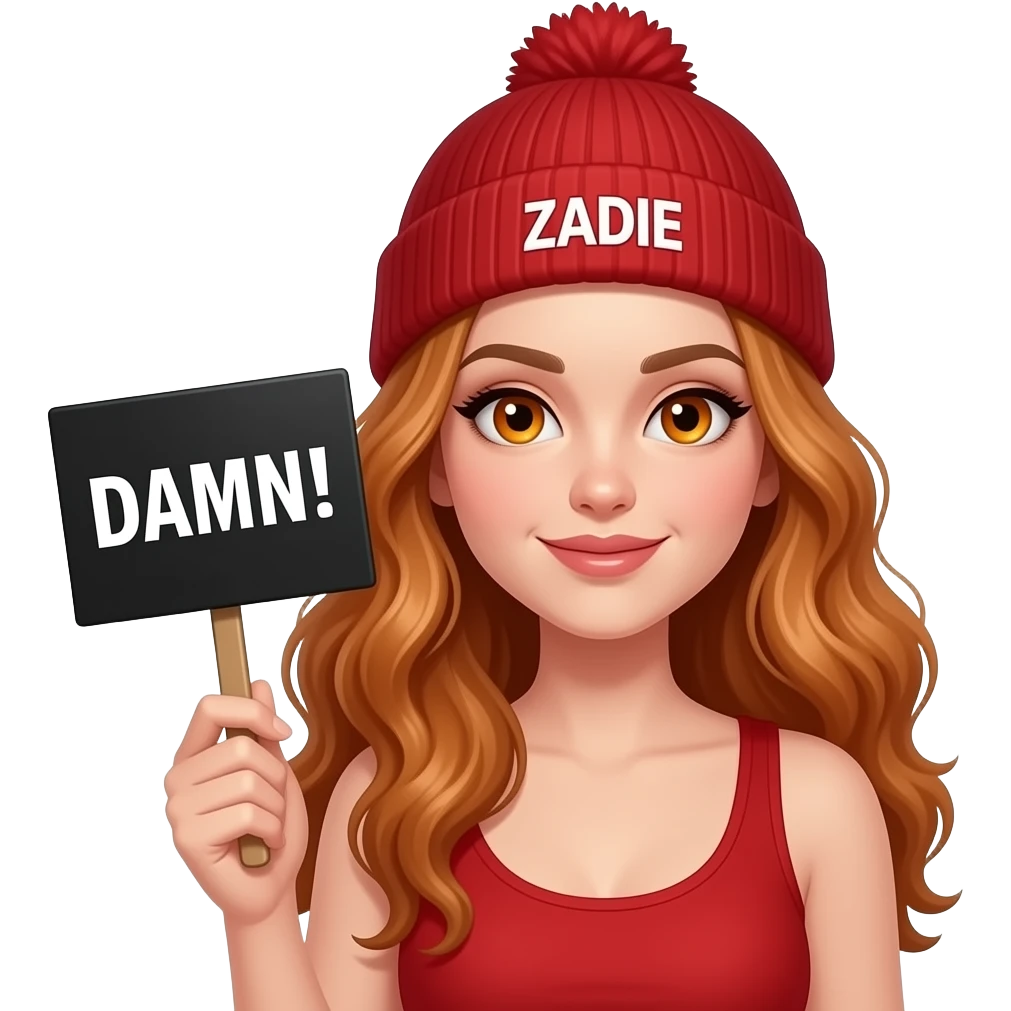 sexy girl with overlong wavy ginger hair and ginger eyes wearing a red tanktop and a red beanie with ZADIE written on it, is holding a black sign with DAMN! written on it emoji