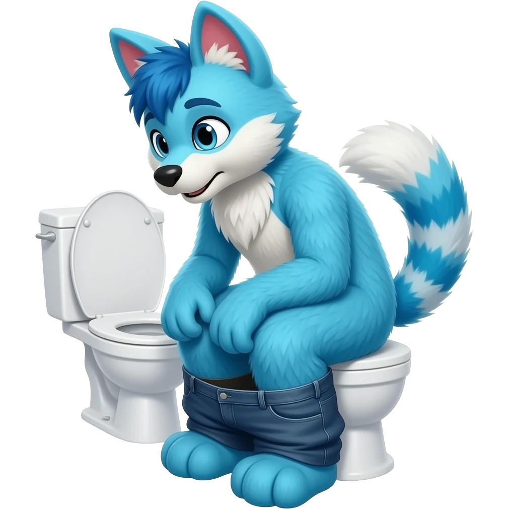 blue fursuit sitting on toilet, side view, pants down, constipated emoji