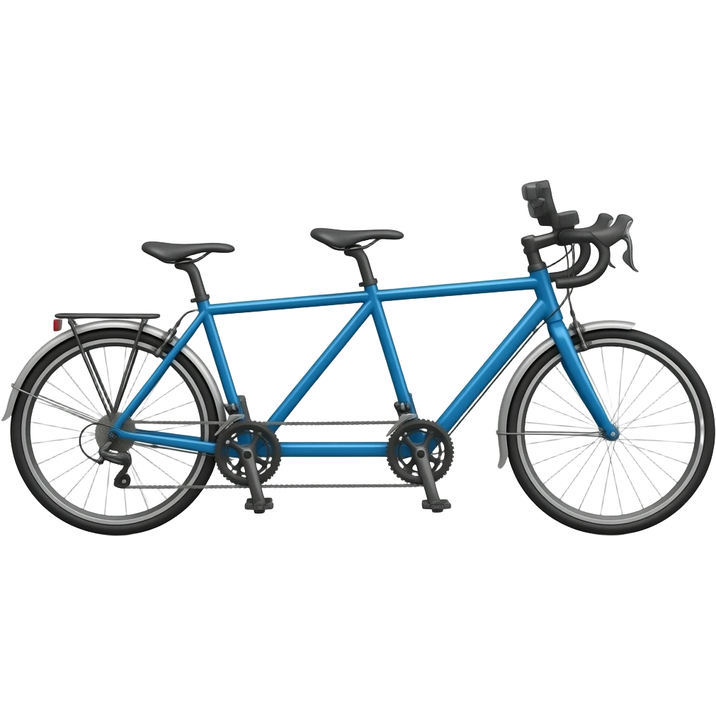 iOS-style emoji sticker of a tandem bicycle, cute minimal 3D glossy emoji style, simplified frame with two seats and two sets of pedals, clean rounded shapes, soft metallic shine, centered composition, white or transparent background, simple design, no riders, no text, no extra elements. emoji