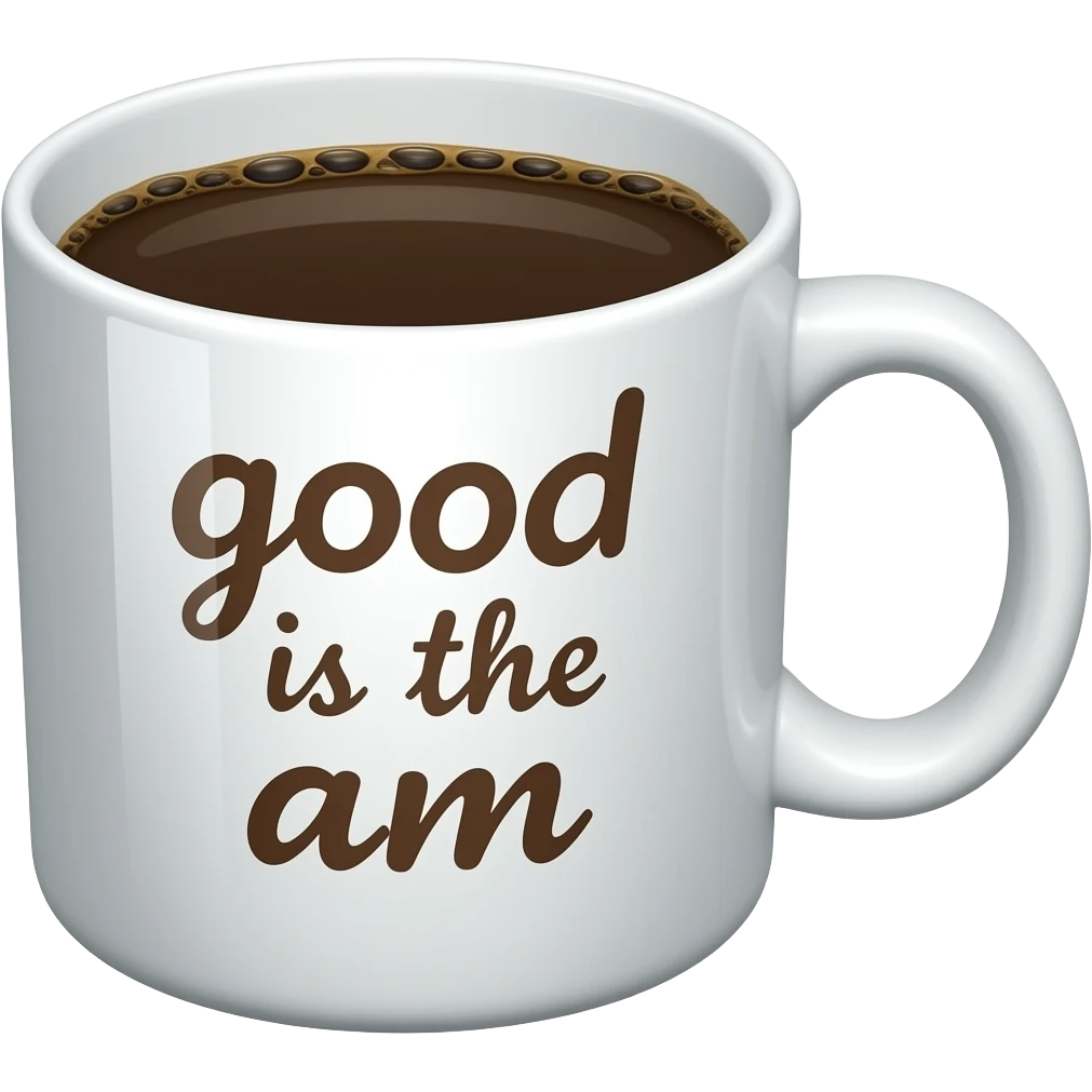 A cup of coffee with "good is the am" emoji